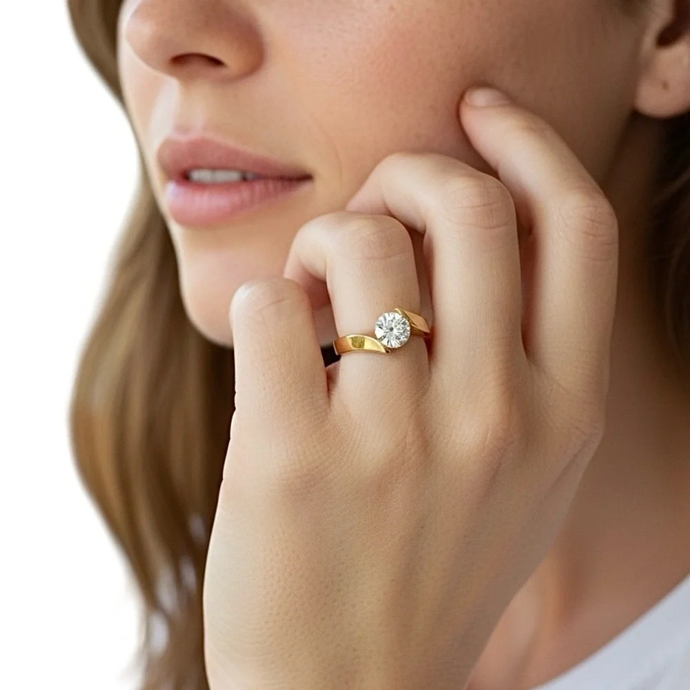 Silver Gold Plated Round Crystal Faux Diamond Solitaire Women's Ring Size 8.75
